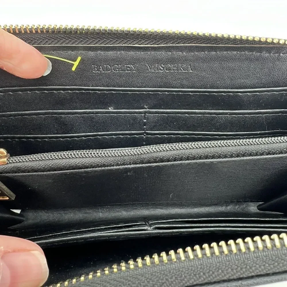 Badgley Mischka Black Soft Vegan Leather Wallet With Gold Studs & Logo, Zipper
